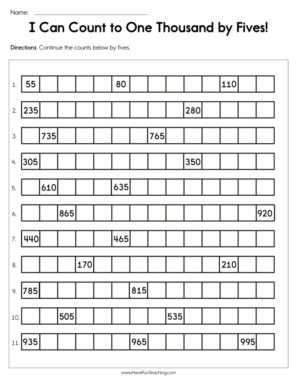 Counting by fives practice: 11 number sequences to complete, including 55 to 120 and 935 to 1,000.