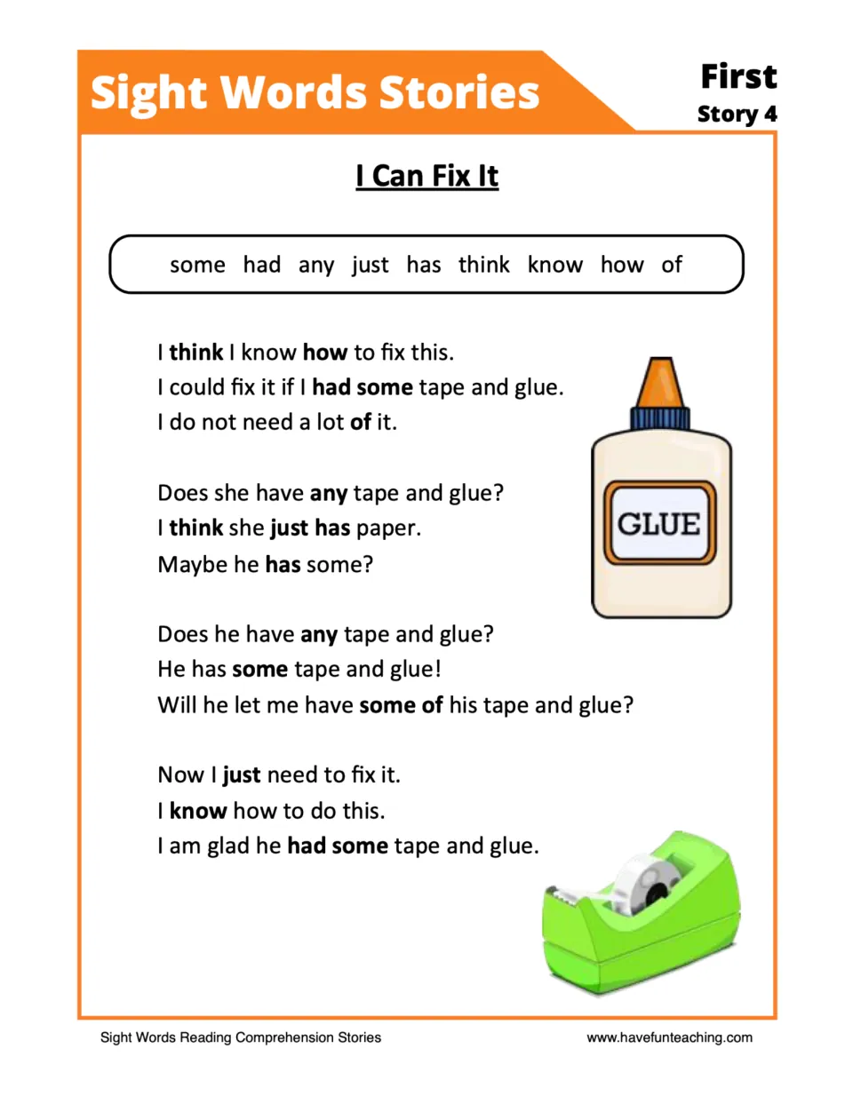 Sight words story I Can Fix It: students read about finding tape and glue, with some, had, any, just and think in bold