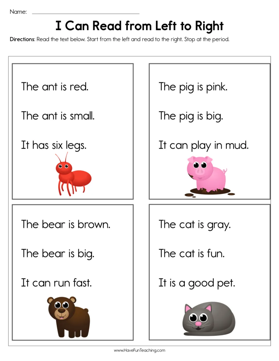 Reading practice page: four three-sentence passages about a red ant, pink pig, brown bear, and gray cat.