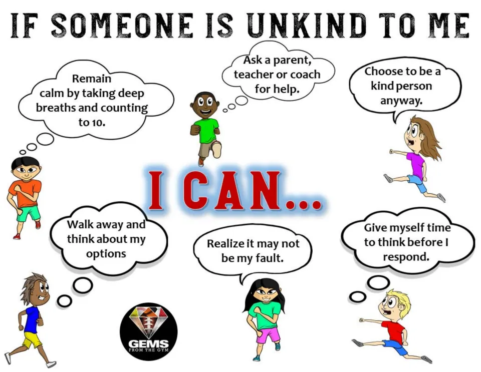 White poster version: six responses to unkindness, including asking a parent, teacher or coach for help.