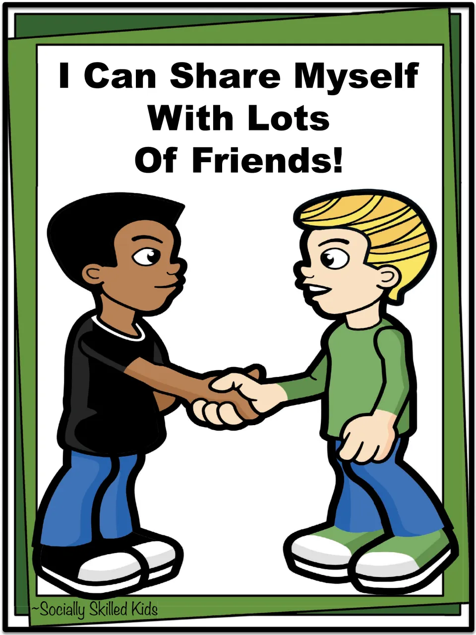 Second alternate cover of the social story showing two boys shaking hands beneath the title about sharing with friends