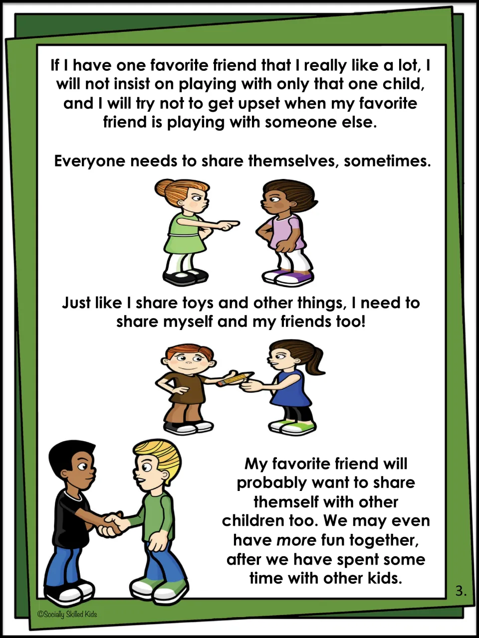 Social story page 3: not insisting on only one favorite friend and staying calm when that friend plays with someone else