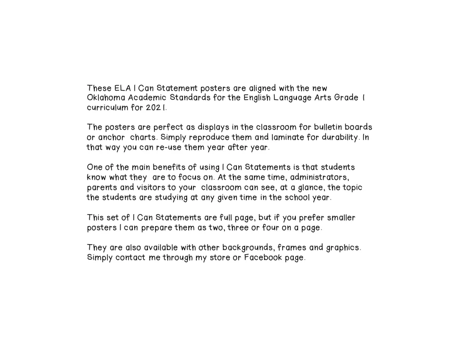 Guide to the Grade 1 ELA posters explains 2021 Oklahoma alignment, classroom displays, and laminating for reuse
