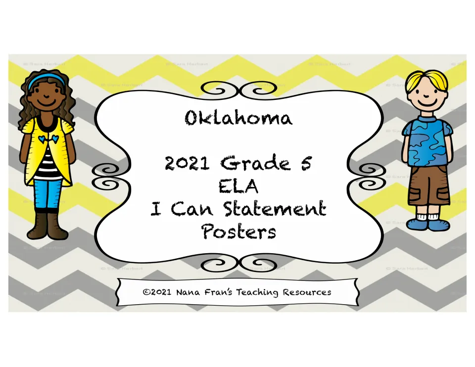 Cover: Oklahoma 2021 Grade 5 ELA I Can Statement Posters, with two cartoon students on a gray and yellow chevron design