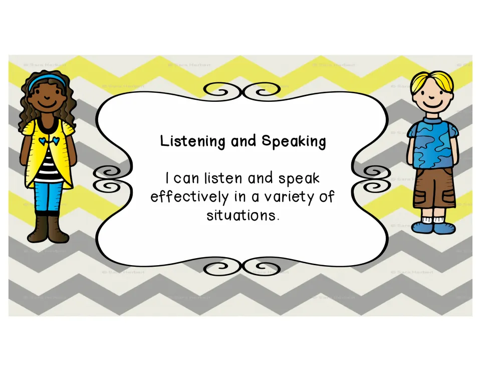Listening and Speaking strand poster: "I can listen and speak effectively in a variety of situations"