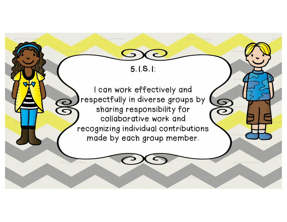 Standard 5.1.S.1 poster: students work respectfully in diverse groups, share responsibility and credit each member's input