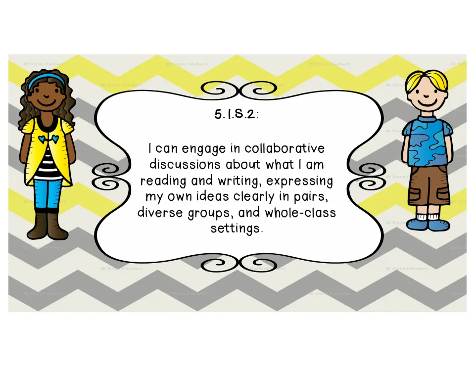 Standard 5.1.S.2 poster: students discuss their reading and writing, expressing ideas in pairs, groups and whole-class talk