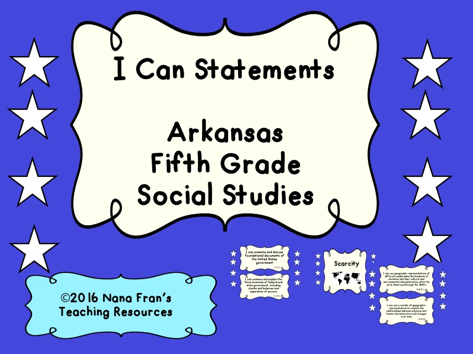 Cover: I Can Statements for Arkansas Fifth Grade Social Studies, with small previews of civics and Scarcity statement cards