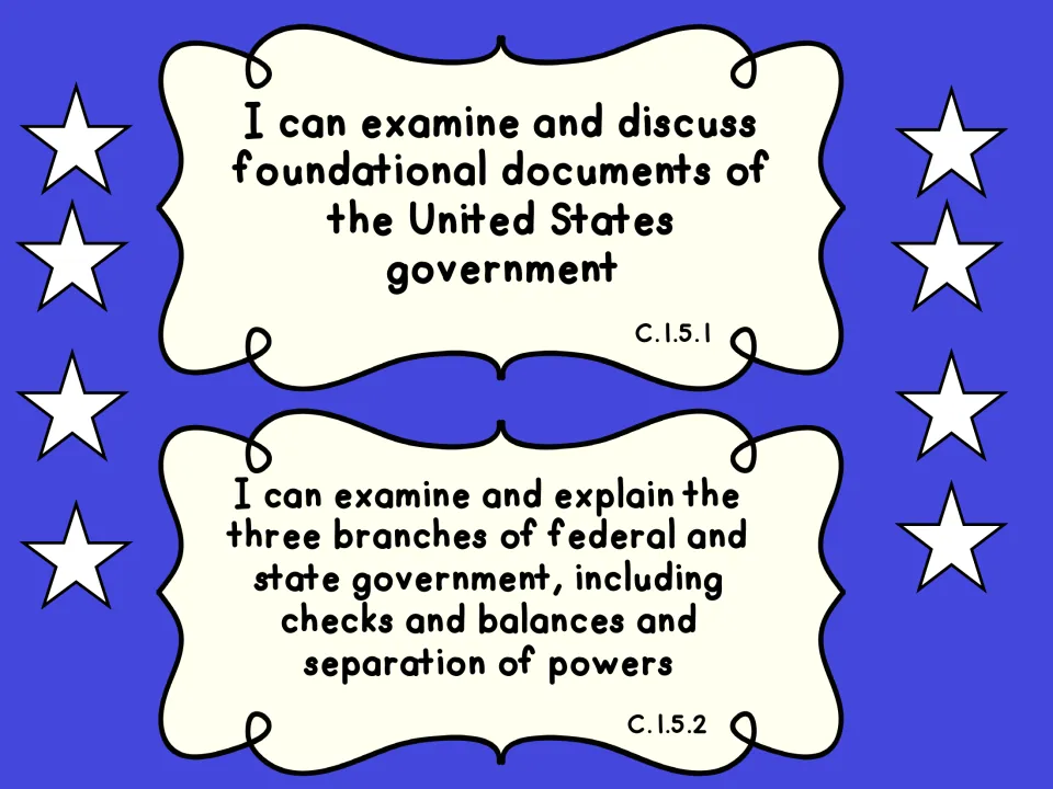 Civics statements C.1.5.1 and C.1.5.2: discuss founding U.S. documents; explain three branches, checks and balances