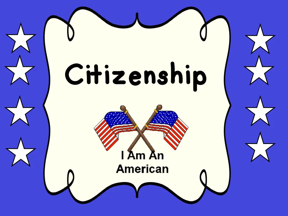 Citizenship heading card with crossed American flags clip art and the words I Am An American beneath them