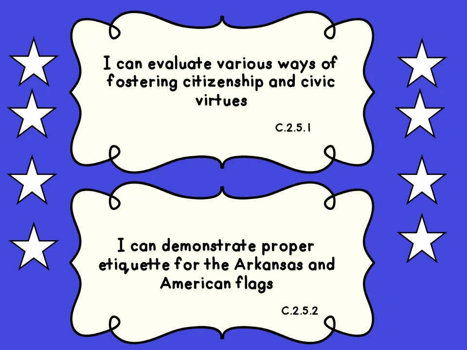 Citizenship C.2.5.1 and C.2.5.2: evaluate ways of fostering civic virtues; show etiquette for Arkansas and U.S. flags
