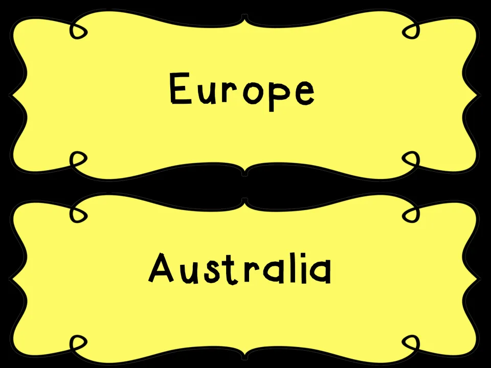 Region header cards reading Europe and Australia for labeling the world regions section of the anchor chart wall