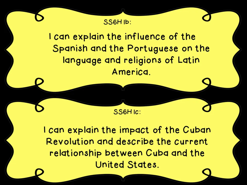 SS6H1b and SS6H1c statements: Spanish and Portuguese influence on Latin America; Cuban Revolution and Cuba-US relations