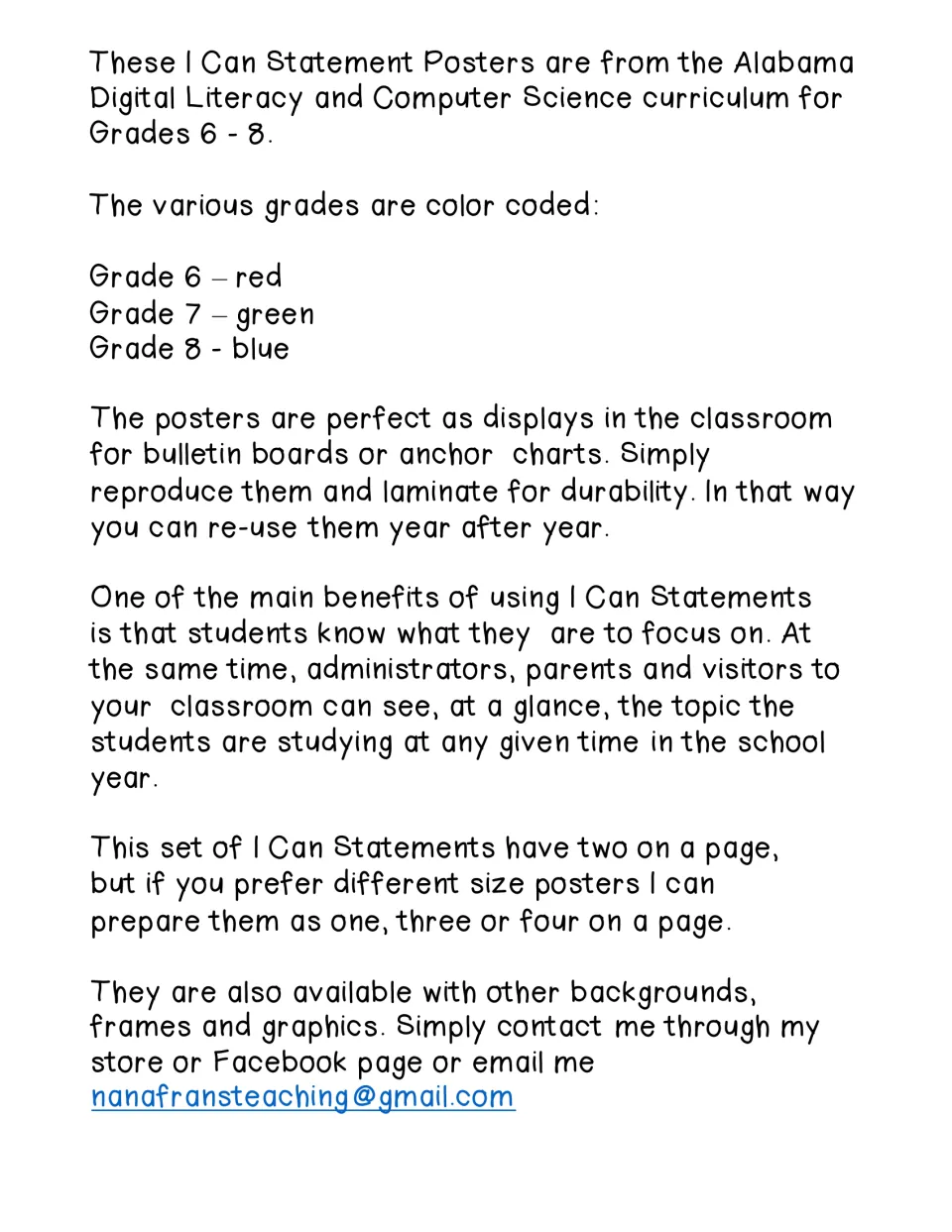 Poster usage guide lists grade colors: sixth grade red, seventh green, eighth blue, and lamination advice