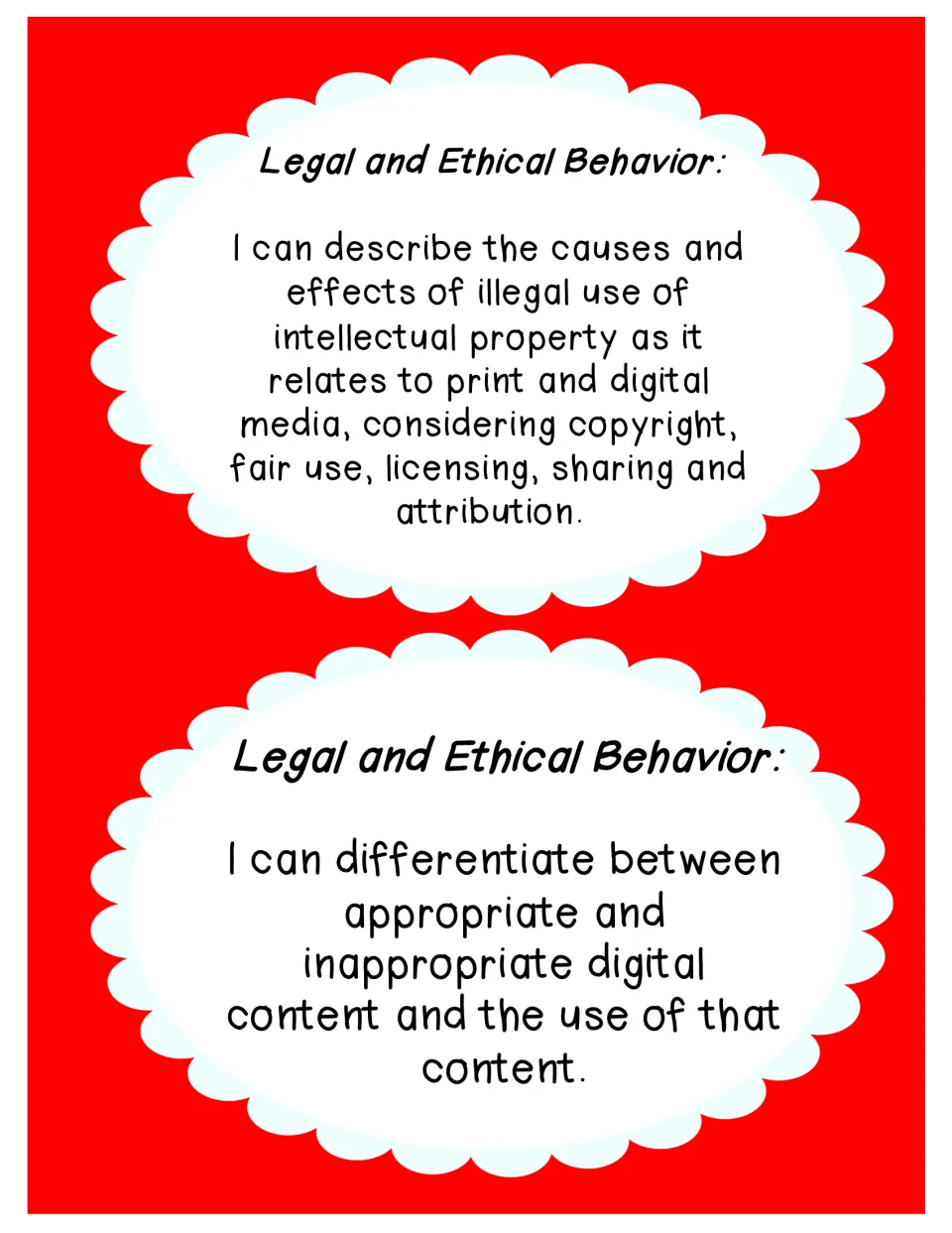 Legal and Ethical Behavior posters address illegal use of intellectual property and appropriate digital content