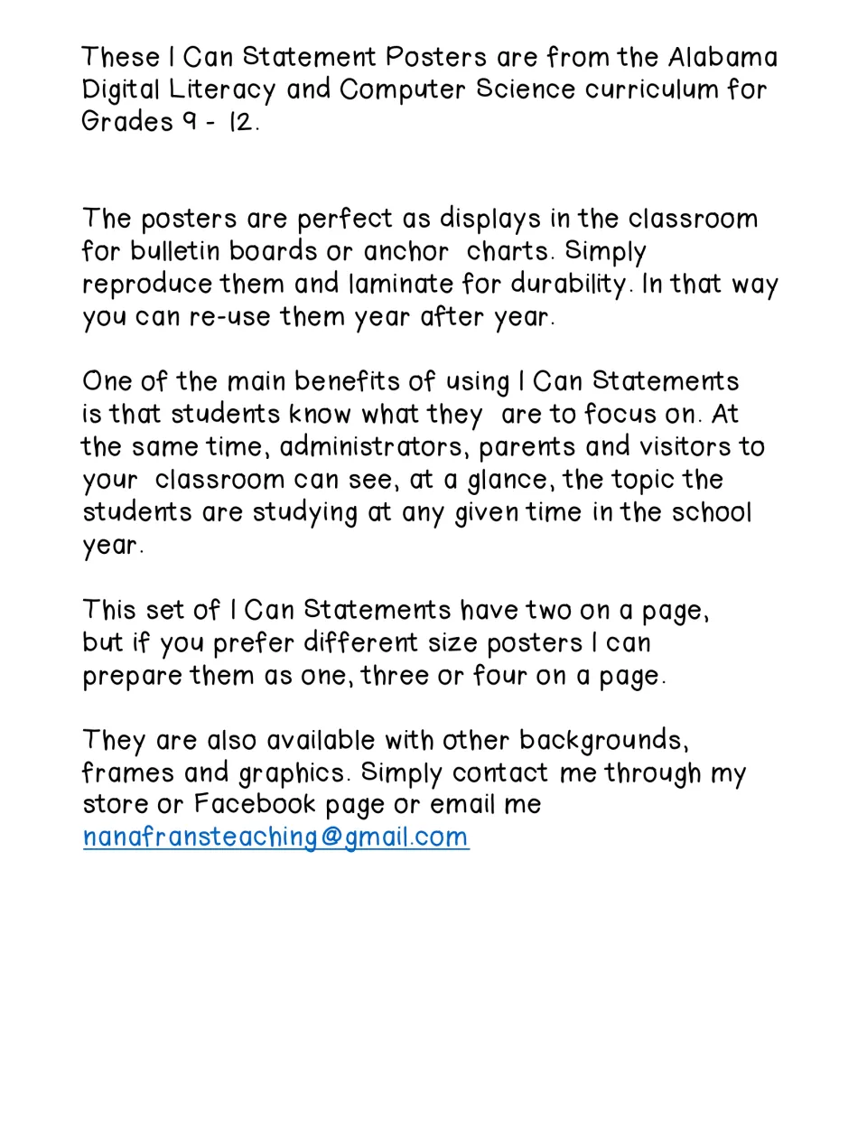 Introduction to the I Can posters explains classroom displays, laminating, and the two-per-page format