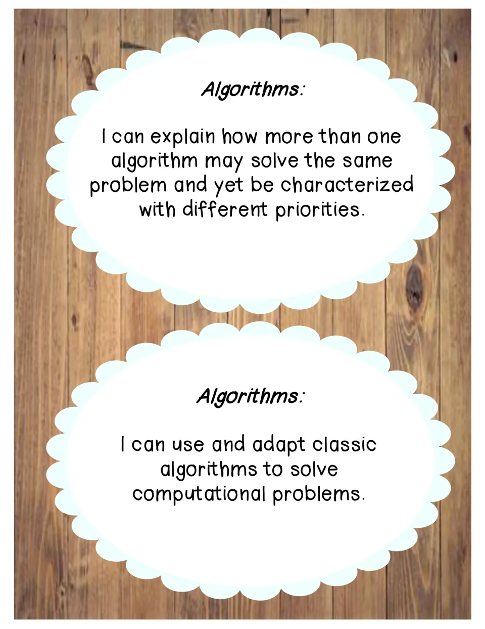 Two algorithms I Can posters explain different priorities for solving one problem and adapting classic algorithms