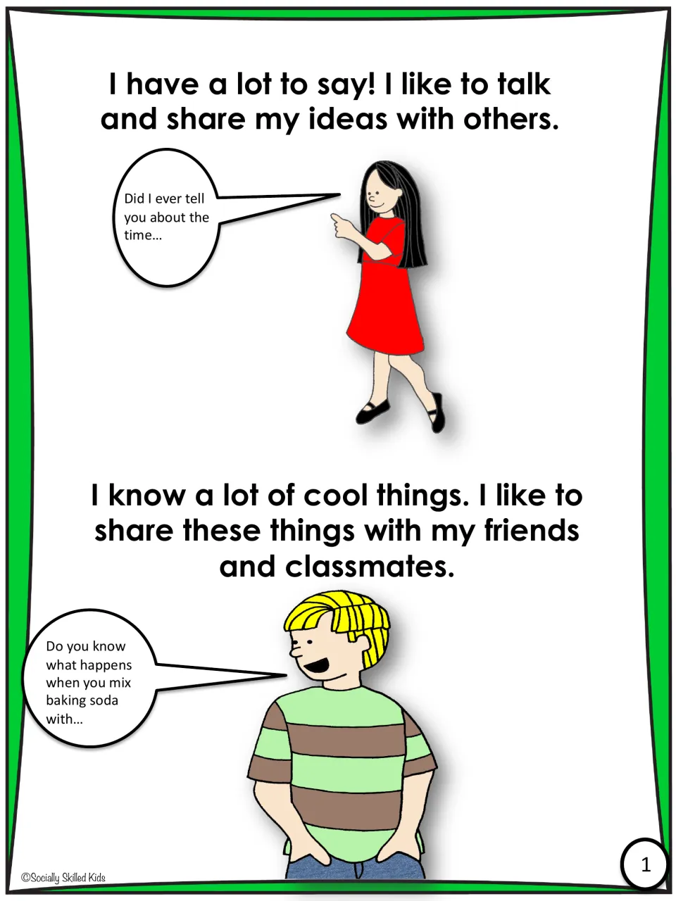 Story page 1: two children say they have a lot to say and like sharing ideas, with speech bubbles starting new stories