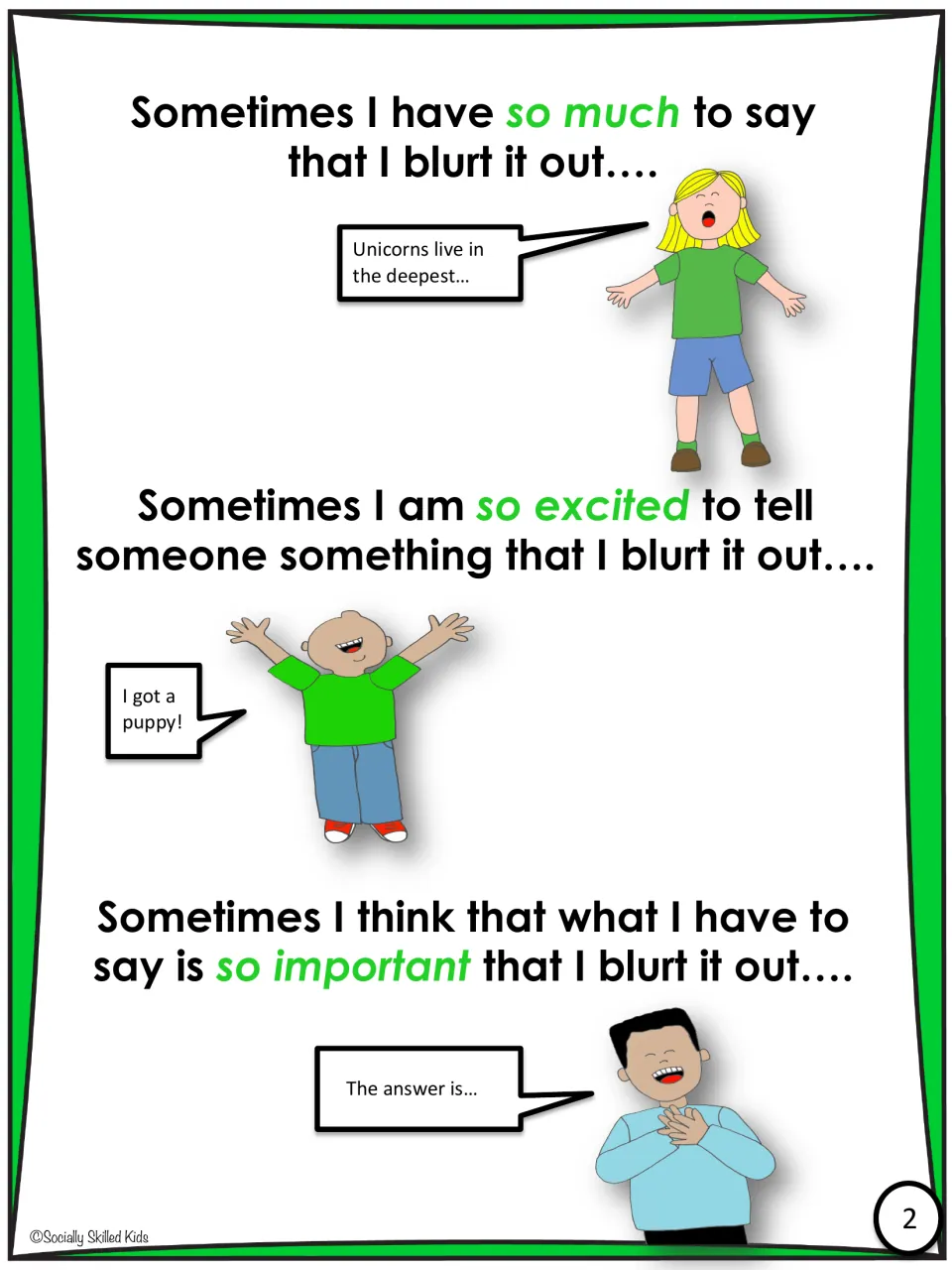 Story page 2: reasons children blurt, having so much to say, being so excited or thinking it is so important