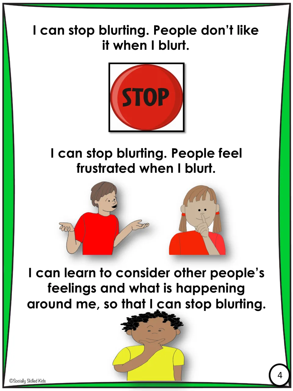 Story page 4: people feel frustrated by blurting, with a STOP button and a child learning to consider others' feelings