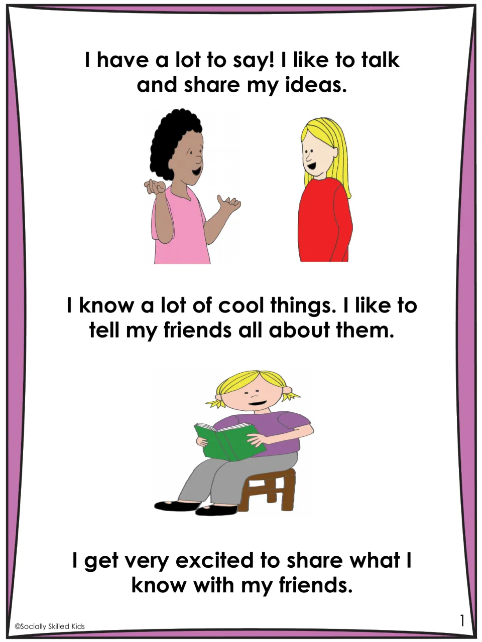 Story page 1 introduces enjoying conversation, sharing ideas, and feeling excited to tell friends what I know