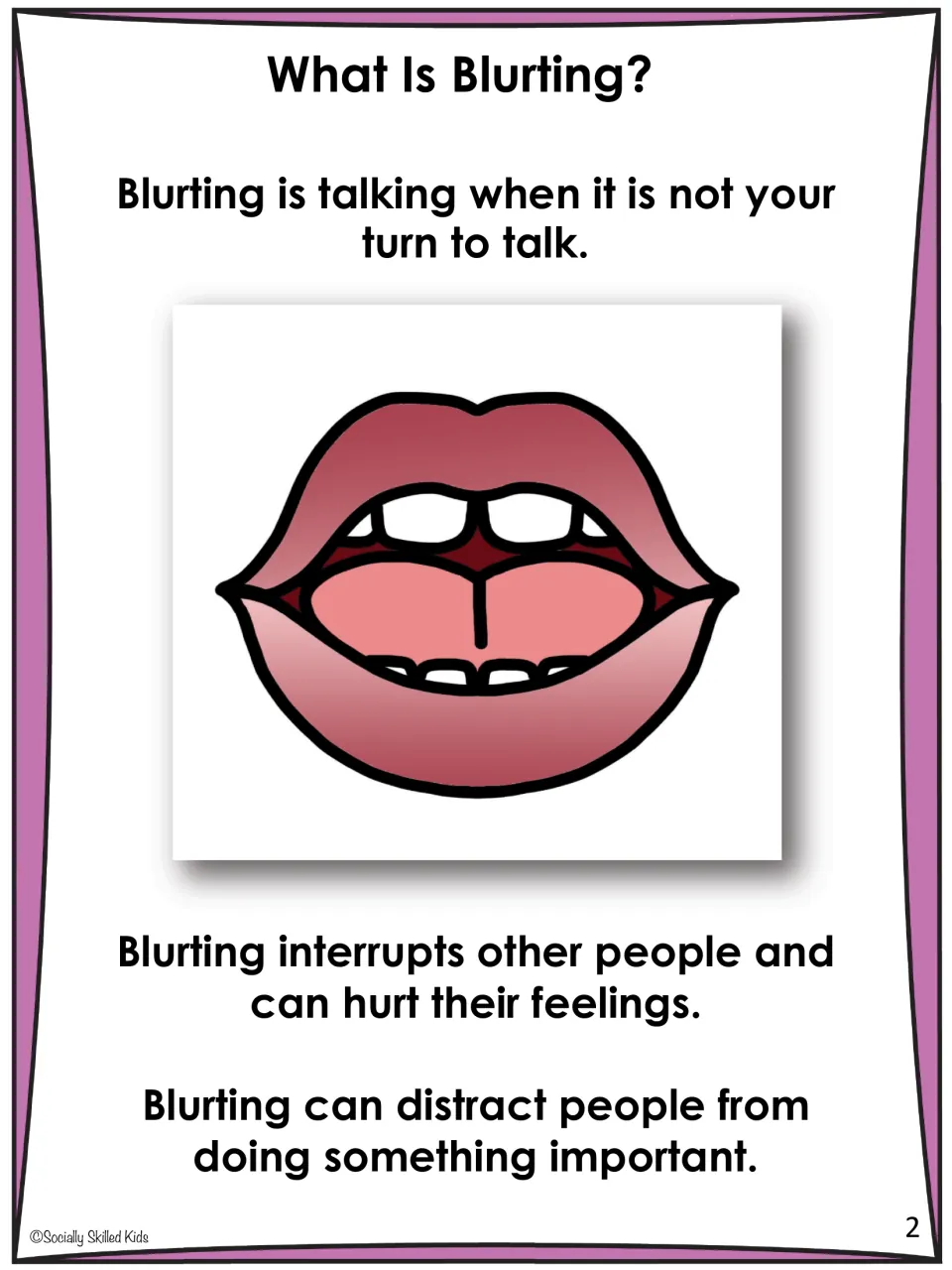 Story page 2 defines blurting as talking out of turn and explains that it can interrupt and distract others