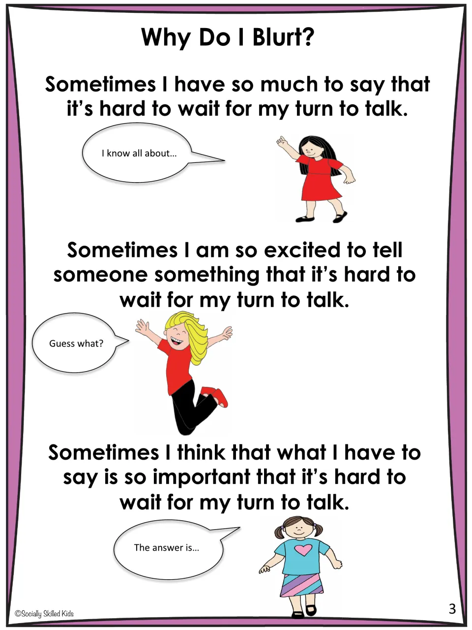 Story page 3 explains why waiting to talk can be hard: having lots to say, excitement, or an important idea
