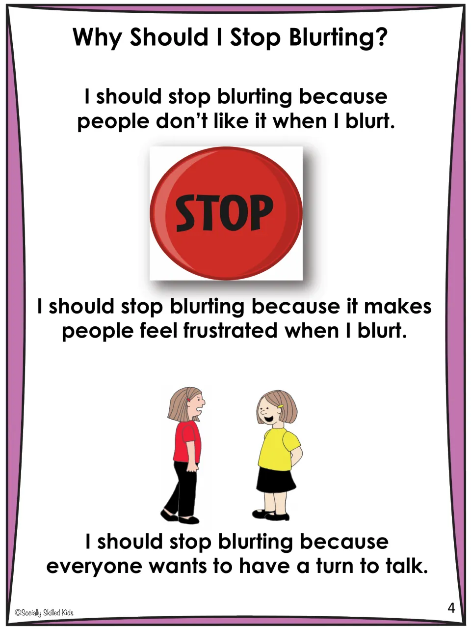 Story page 4 explains reasons to stop blurting, including others' frustration and everyone's turn to talk