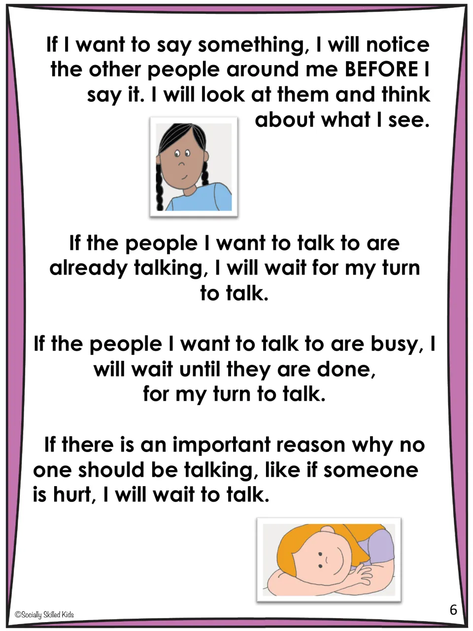 Story page 6 describes noticing others before speaking and waiting when people are talking or busy