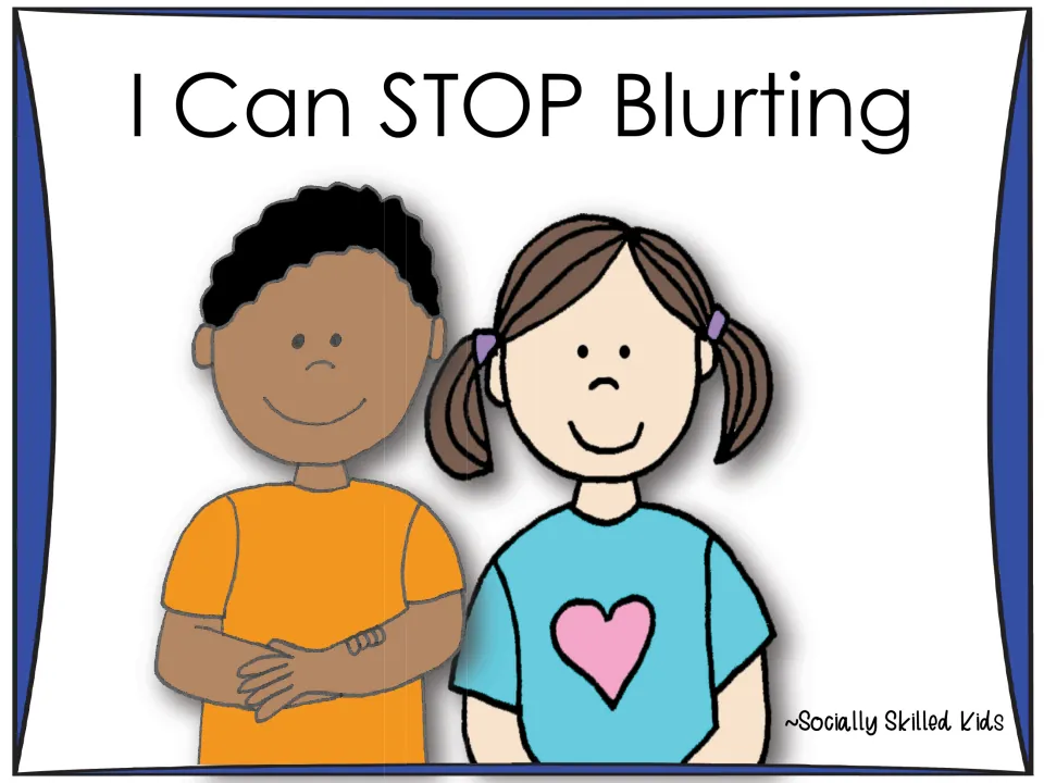 I Can STOP Blurting cover: social story title by Socially Skilled Kids with a smiling boy and girl standing side by side