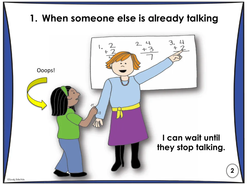 When someone else is already talking: a girl tugs a teacher's arm and learns to wait until they stop