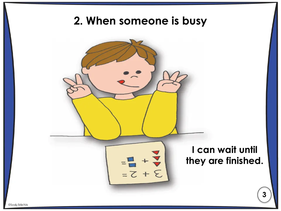 When someone is busy: a boy counts on his fingers over an addition sheet, a reminder to wait until they are finished