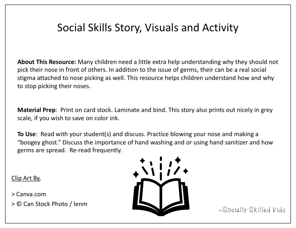Teacher notes on why children should not pick their nose, with print prep, discussion tips on germs and clip art credits