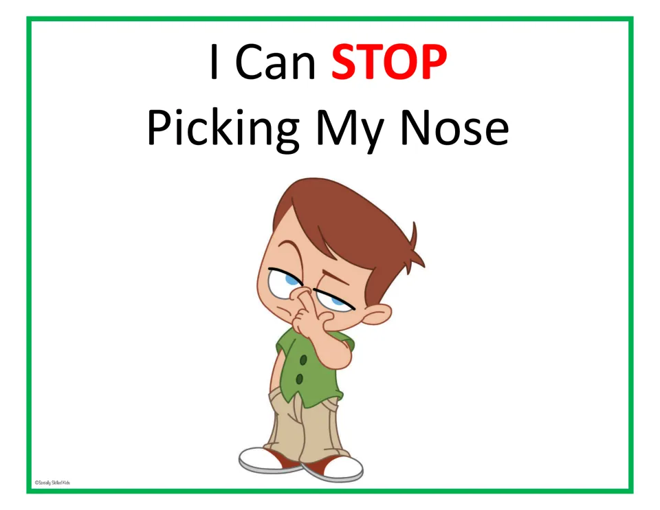 Social story cover titled I Can STOP Picking My Nose, showing a cartoon boy in a green shirt with a finger in his nose