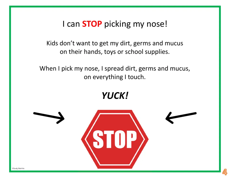 Story page 4 on spreading germs: kids don't want my mucus on their hands, toys or school supplies, YUCK! with a stop sign