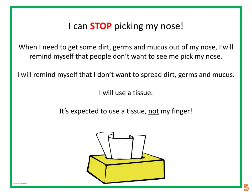 Story page 5 on the replacement habit: I will remind myself and use a tissue, not my finger, shown with a tissue box