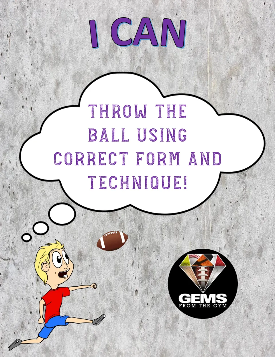 PE throwing poster 1: "I can throw the ball using correct form and technique!" with a football.