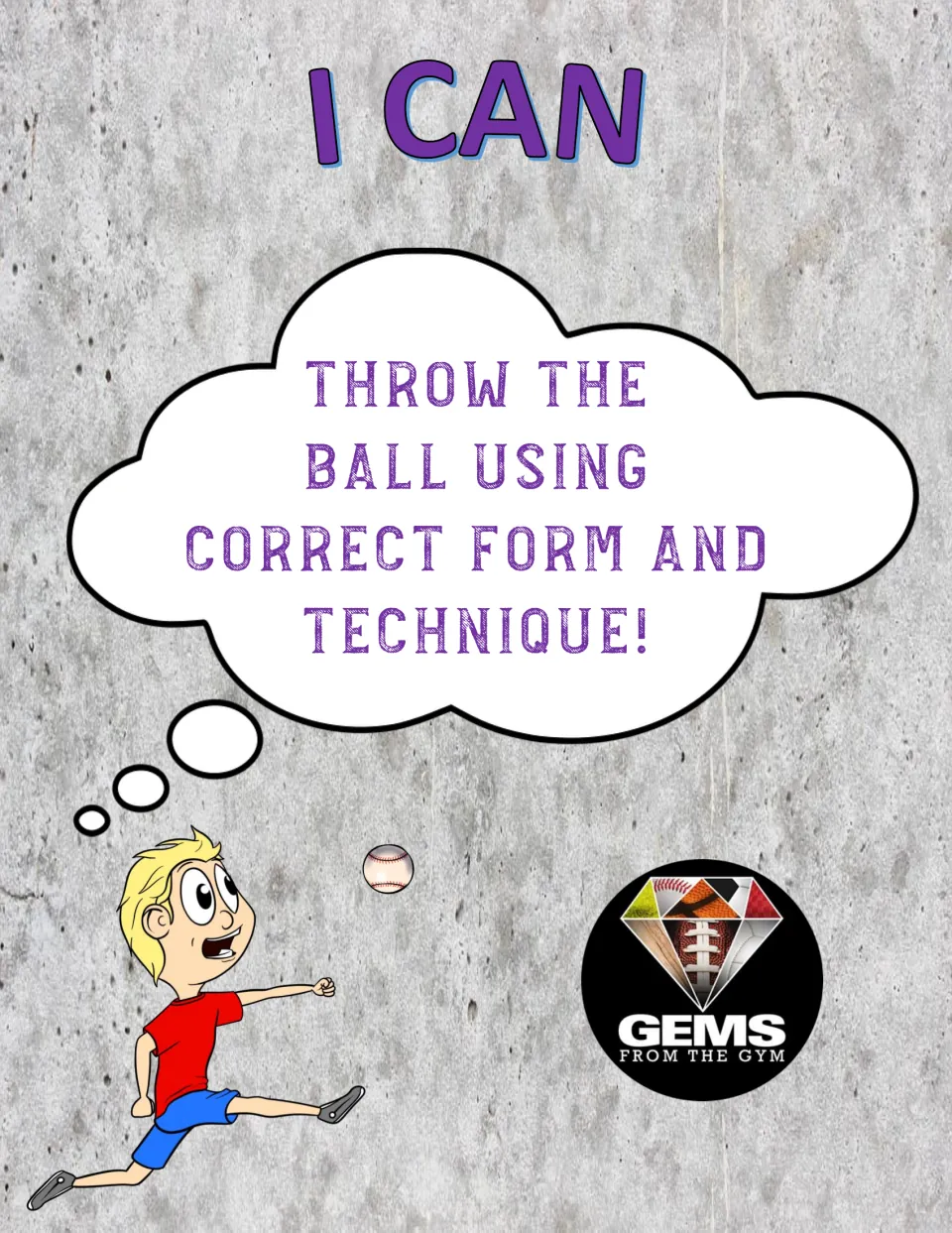 PE throwing poster 2: "I can throw the ball using correct form and technique!" with a baseball.