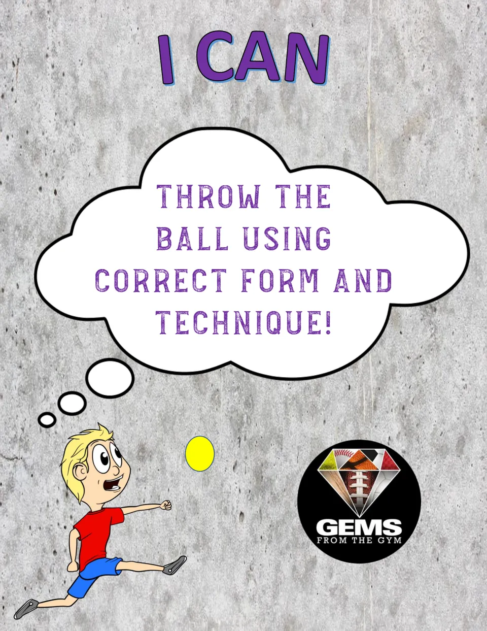 PE throwing poster 3: "I can throw the ball using correct form and technique!" with a tennis ball.