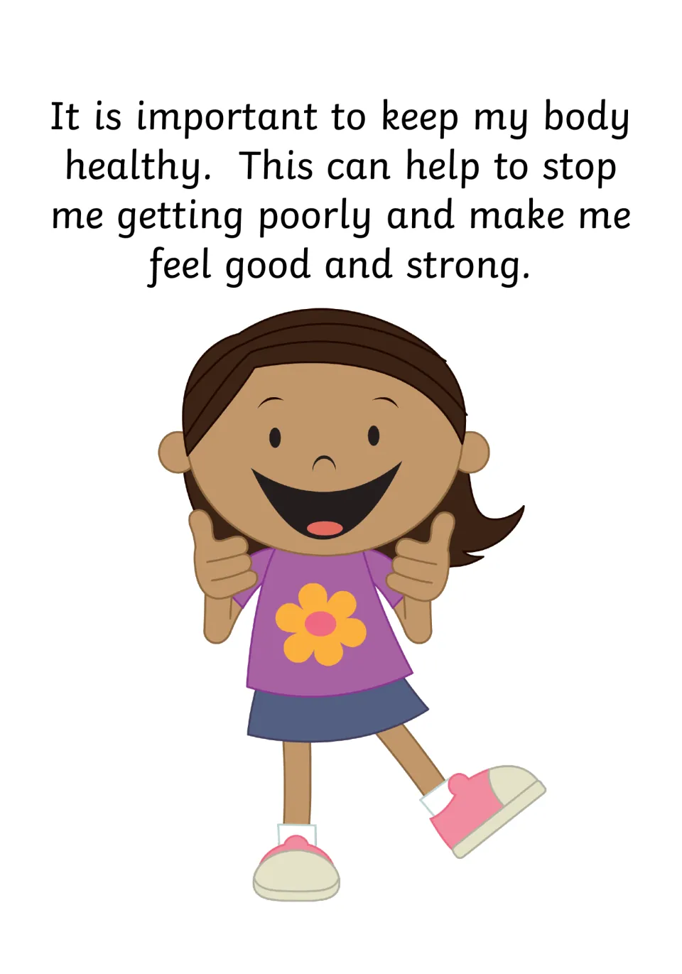 Social story page on keeping healthy: text says it stops me getting poorly and makes me feel strong, beside a smiling girl