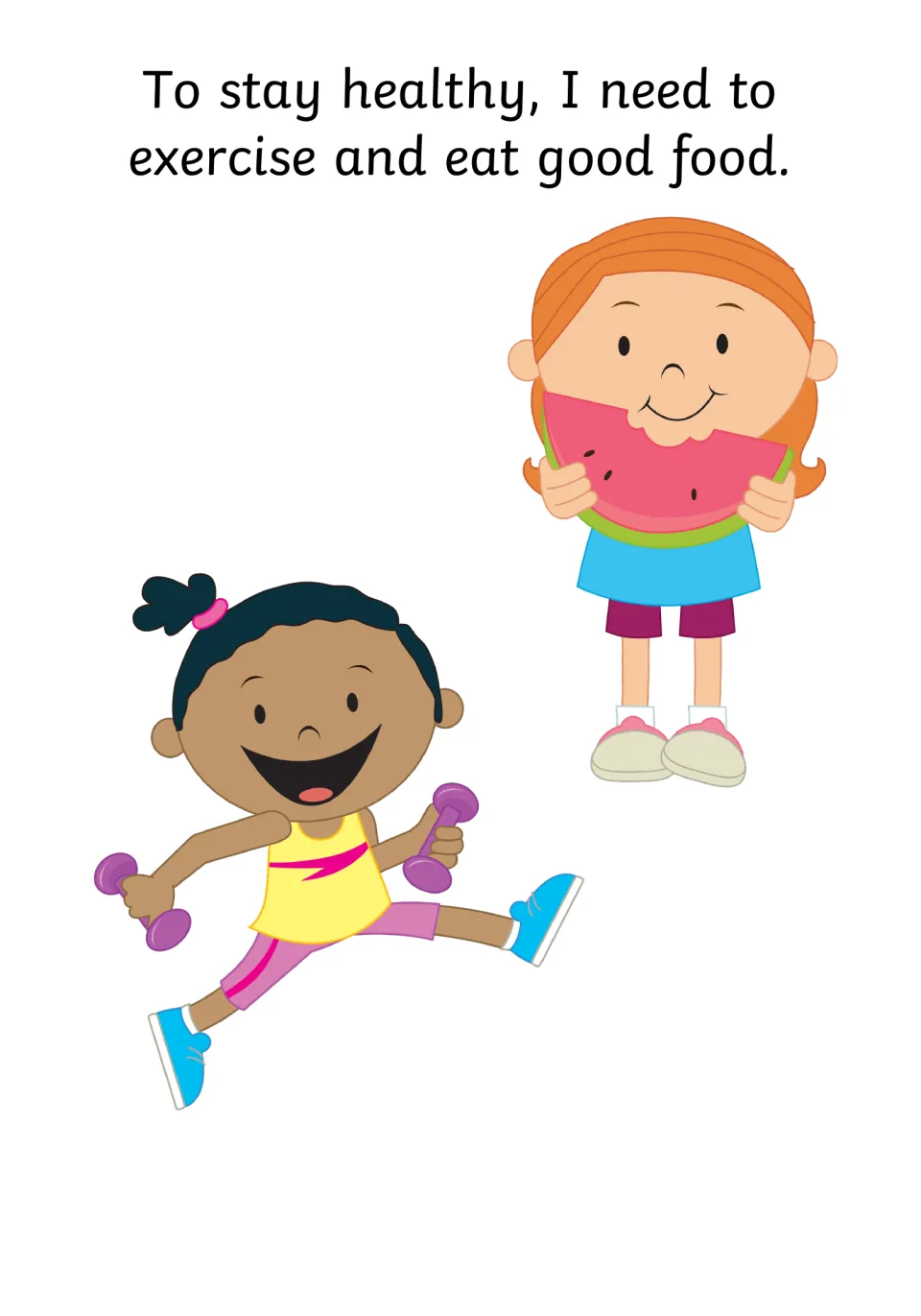 Staying healthy needs exercise and good food: a girl jumping with dumbbells and a girl eating a watermelon slice