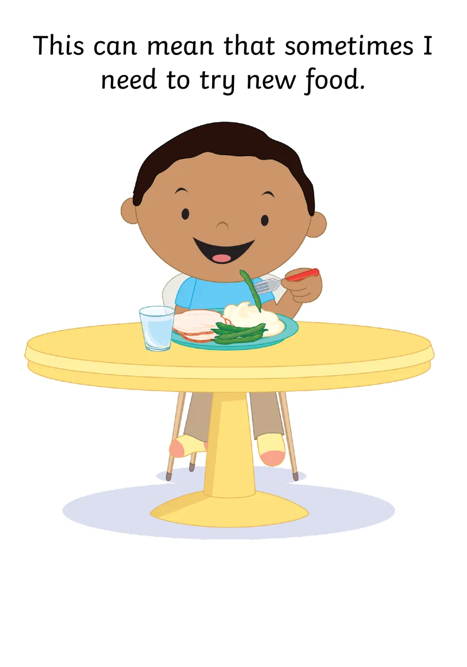Sometimes I need to try new food: a smiling boy at a table lifts a green bean on his fork above a plate of dinner