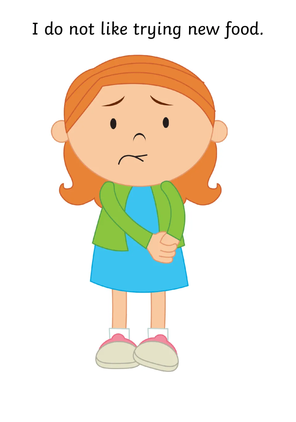 Naming the feeling: story text reads I do not like trying new food, with a worried girl holding her hands together