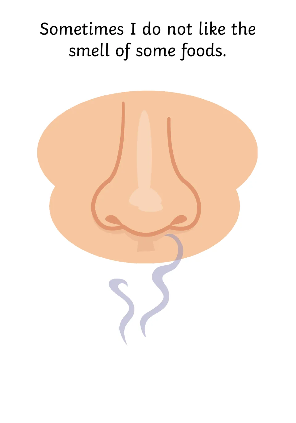 Smell as a reason for disliking food: text says sometimes I do not like the smell of some foods, with a nose and odor wisps