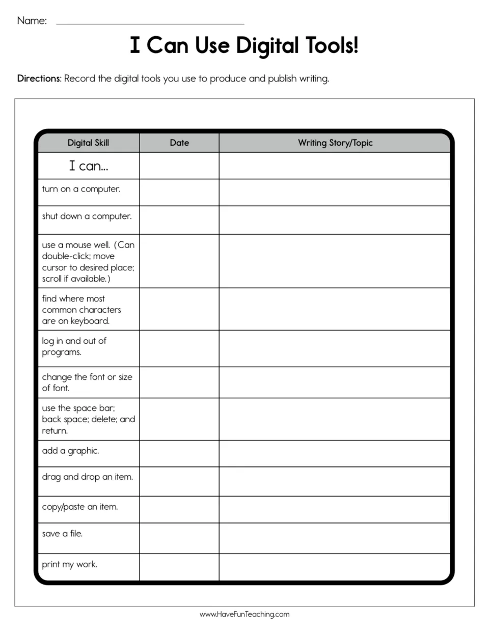 Digital writing skills checklist tracks 12 skills, including using a mouse, saving files and printing work
