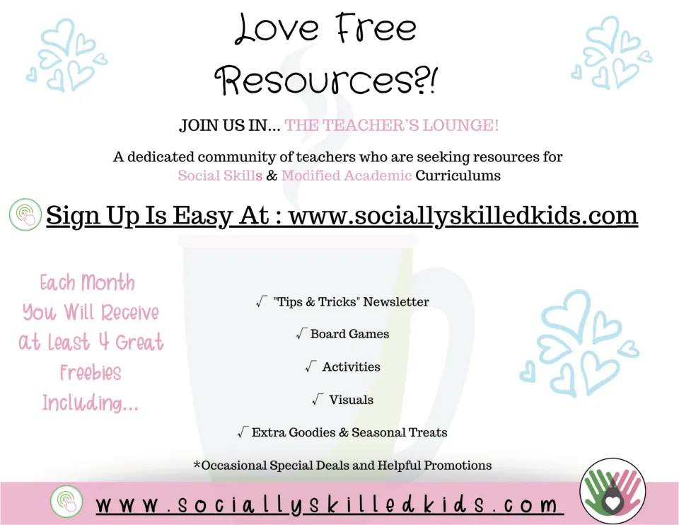 Flyer inviting teachers to join The Teacher's Lounge for monthly freebies: newsletter, board games, activities and visuals
