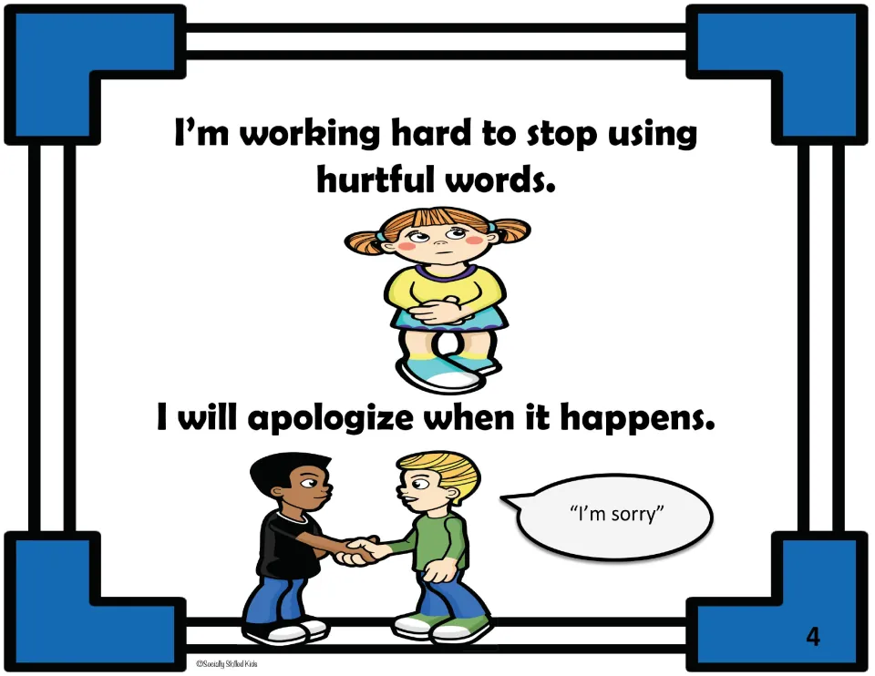 Social story page 4: I'm working hard to stop using hurtful words and will apologize; two boys shake hands: 'I'm sorry'