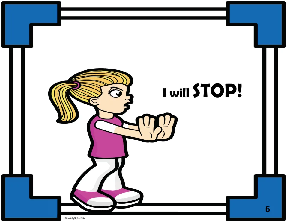 Social story page 6: 'I will STOP!' with a girl holding both hands up in a stop gesture to halt hurtful words