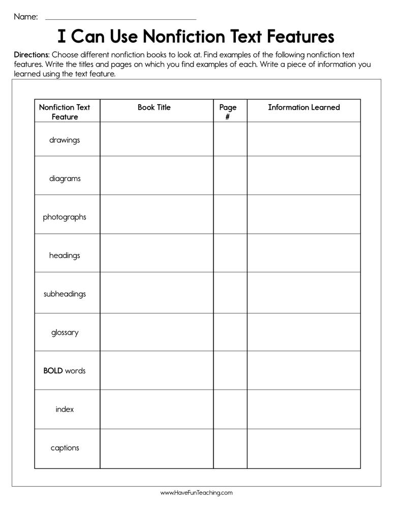I Can Use Nonfiction Text Features Worksheet By Teach Simple