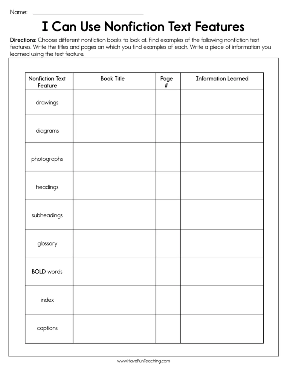 Nonfiction text features hunt: students find drawings, glossary, index and more in books, noting title, page and a fact